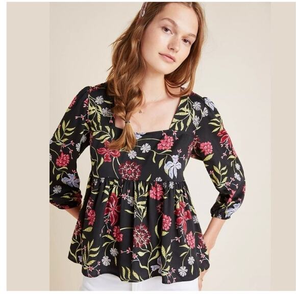 Anthropologie Dolan Cherie Floral Satin Babydoll Blouse XS Black - Picture 1 of 8